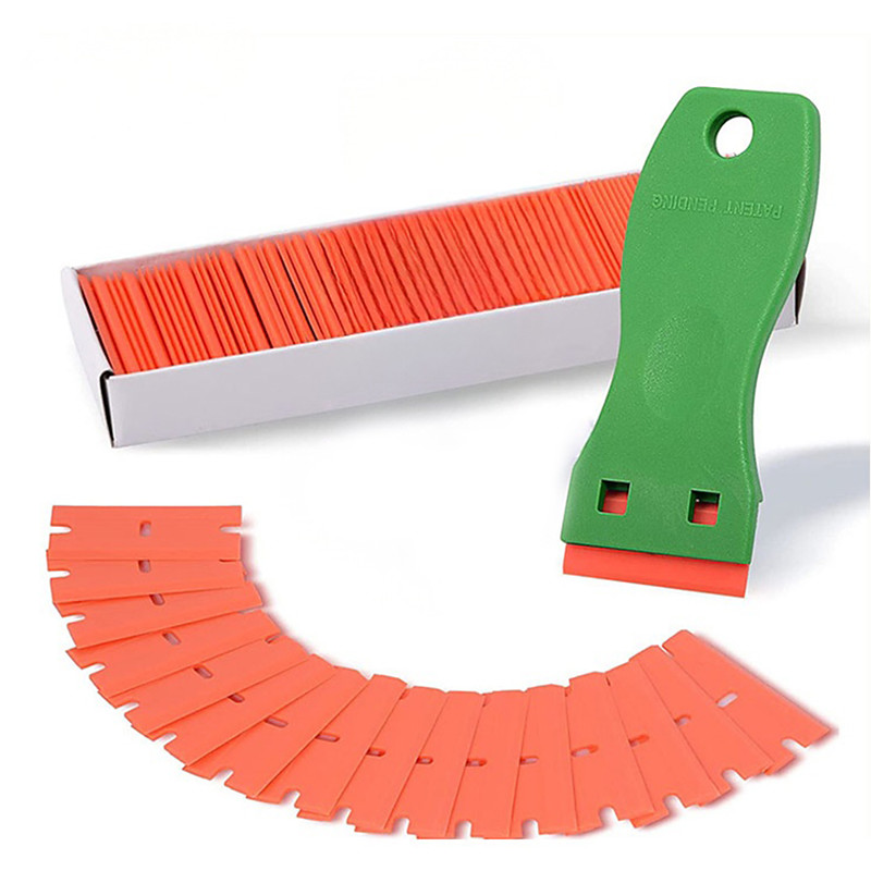 Plastic Razor Blade Scraper and 100 Pcs Blades, Remove Label Decal Tool,Forwithout Scratches Plastic Razor Blade Scraper, Adhesive Remover for Kitchen Appliances,Stickers and Paints on Window