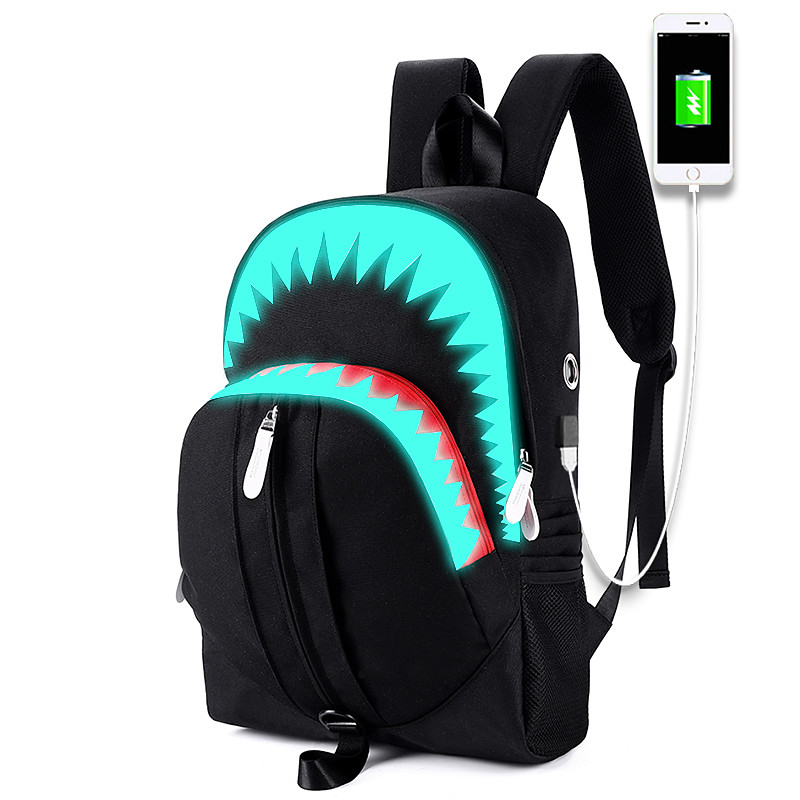 USB function backpack School Bag Men Fashion USB Charging Night Luminous Backpack Shark Laptop Backpack Teenagers School Bag Travel Bag Black
