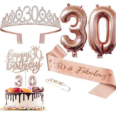 Birthday Party Rose Gold Deluxe 6-Piece Set - Balloon Numbers (10-80), Tiara, Sash, Cake Candles, Cake Topper - for Girls Women