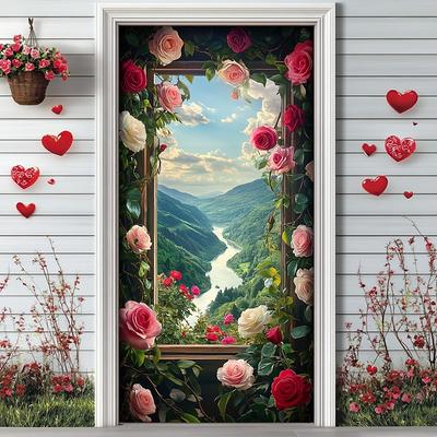 Wedding Outdoor Decorations Door Covers Door Tapestry Door Curtain Decoration Backdrop Indoor/Outdoor Door Banner for Front Door Farmhouse Window View Roses