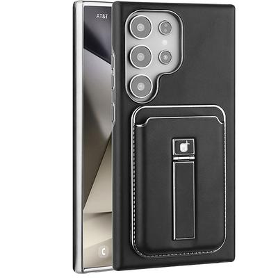 Phone Case For Apple AirTag S25 S24 Ultra Plus S23 Back Cover Magnetic Adsorption with Stand Holder Magnetic Support Wireless Charging Retro PC PU Leather
