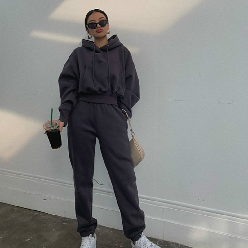 Women's Tracksuit Sweatsuit 2 Piece Street Long Sleeve Velvet Thermal Warm Breathable Soft Fitness Gym Workout Running Sportswear Activewear Solid Colored Gray Dark Gray Khaki / Hoodie / Athleisure