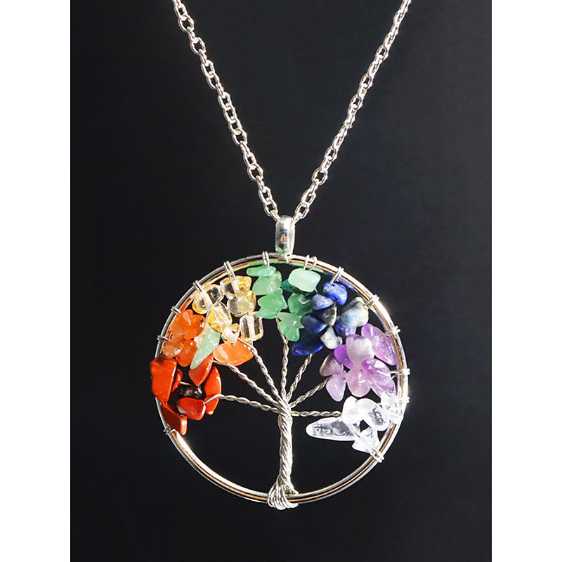 Handmade Tree of Life Pendant Necklace – Alloy Chain with Natural Gemstone Beads, Bohemian Energy Healing Jewelry for Women, Spiritual Gift for Yoga Meditation