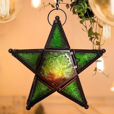 Vintage Iron Art Stained Glass Star Candle Holder Lantern, Five-Pointed Hanging Windproof Tealight Holder, Decorative Iron Glass Candle Lantern for Home, Bar, Restaurant, and Gift Giving