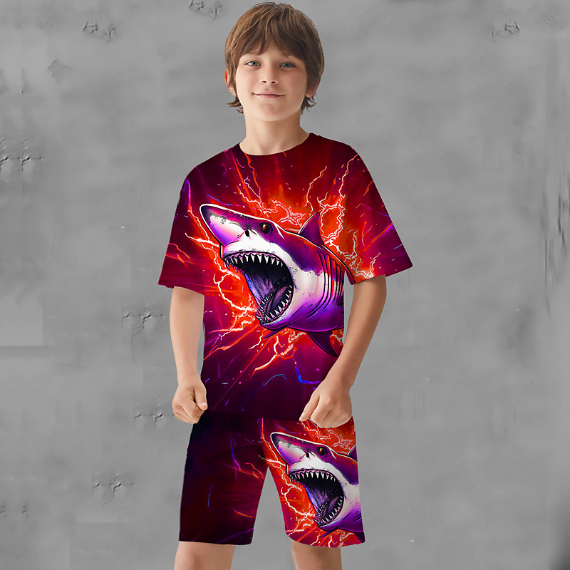 Boys 3D Graphic Animal Shark T-shirt Shorts T-shirtSet Clothing Set Short Sleeve 3D prints Summer Spring Active Sports Fashion Polyester Kids 3-13 Years Outdoor Street Vacation Regular Fit