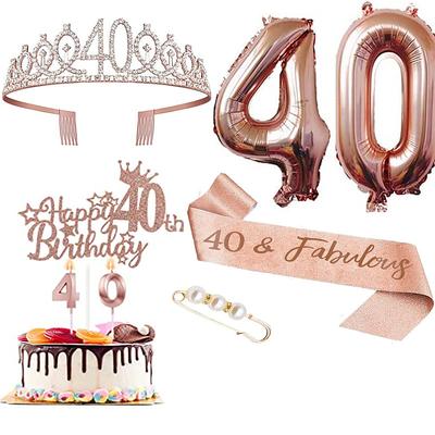 Birthday Party Rose Gold Deluxe 6-Piece Set - Balloon Numbers (10-80), Tiara, Sash, Cake Candles, Cake Topper - for Girls Women