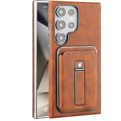 Phone Case For Apple AirTag S25 S24 Ultra Plus S23 Back Cover Magnetic Adsorption with Stand Holder Magnetic Support Wireless Charging Retro PC PU Leather
