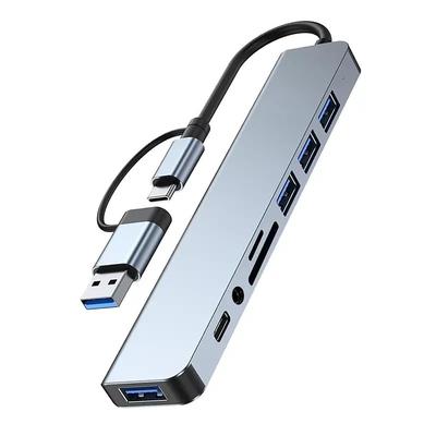 8 In 1 USB Hub Dual Purpose Hub With USB Type C Interfaces 8-port USB C Hub With USB 3.0 USB 2.0 Micro SD/TF Card Reader Microphone/audio Other Interfaces
