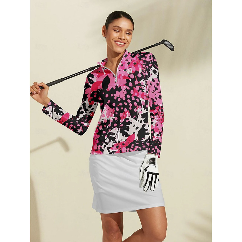 Women's Golf Polo Shirt Blue Fuchsia Long Sleeve Top Leopard Ladies Golf Attire Clothes Outfits Wear Apparel