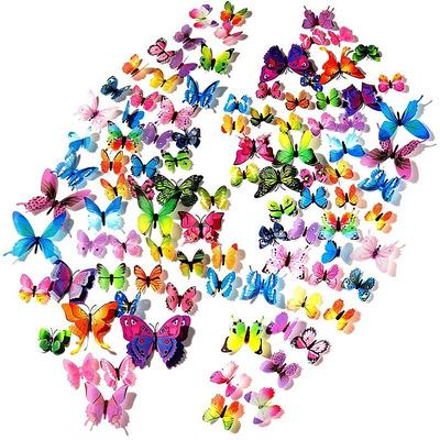 120 PCS 3D Colorful Butterfly Wall Stickers DIY Art Decor Crafts for Party Cosplay Wedding Offices Bedroom Room Glue Sticker Set (Single Wing and Double Wings Multicolor)