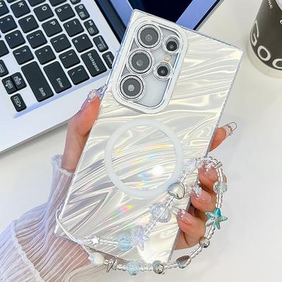 Phone Case For S25 S24 Ultra Plus S24 FE S23 A55 5G A35 5G A25 A15 A54 Wallet Case Magnetic Support Wireless Charging with Wrist Strap Retro Plating