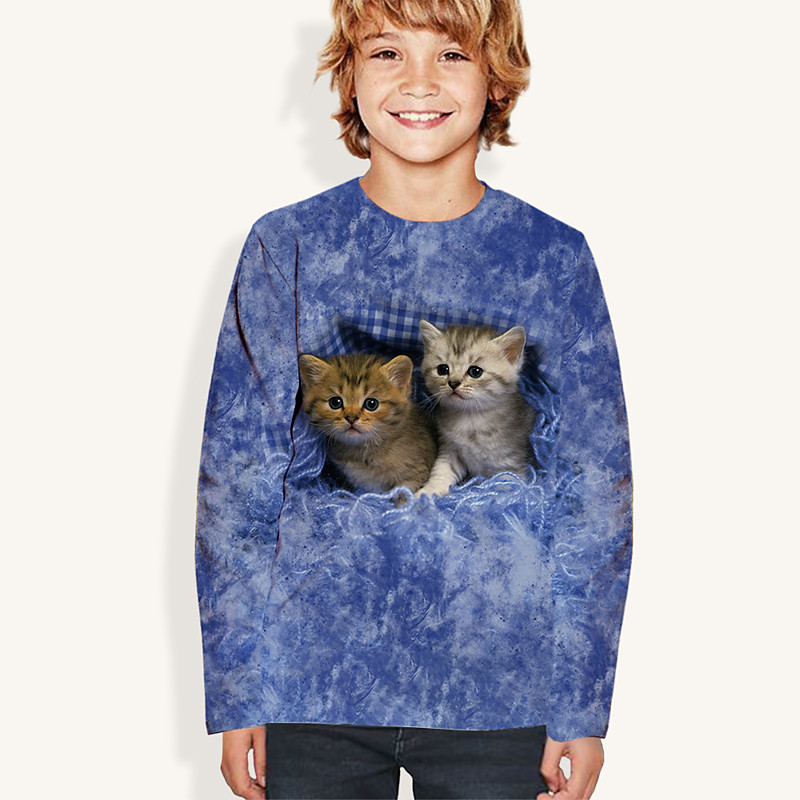 Kids Cat 3D Print T shirt Tee Long Sleeve Blue Gray Animal Print School Daily Wear Active 4-12 Years / Fall