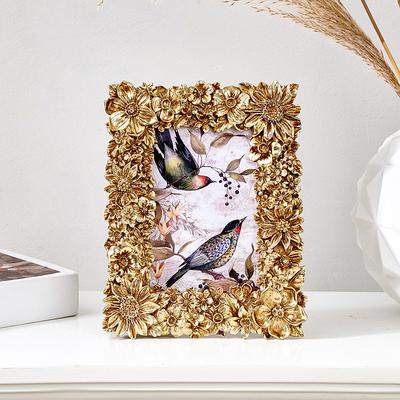 Gold 3D Floral Decorative Photo Frame, 5.7-Inch Oval Frame 4x6 Inch Rectangle Frame, Resin Tabletop Picture Frame, Horizontal and Vertical Display for Home Decor and Photography Props