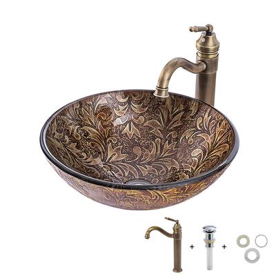 Vintage Bathroom Vessel Sink Set Round 16.5x5.7, Sink Mixer Faucet and Drain Combo with Pop-up Drain, Boat Shape Tempered Glass Artistic Vessel Vanity Sink Bowl, Above Counter Sink Art Wash Basin