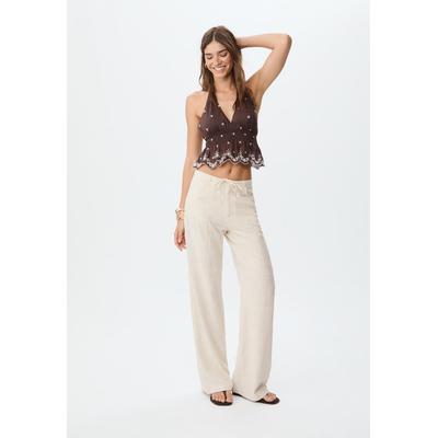 Stradivarius Linen blend embroidered straight-leg trousers Stone 16
