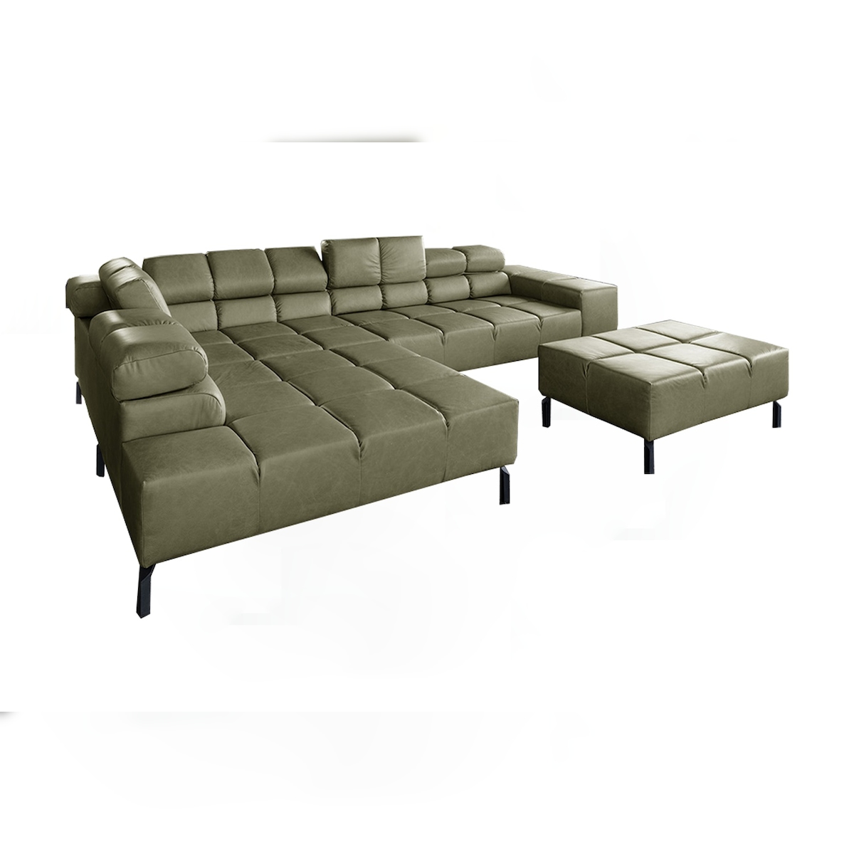 KAWOLA Sofa NELSON Ecksofa Leder olivgrün mit Hocker Recamiere links Image