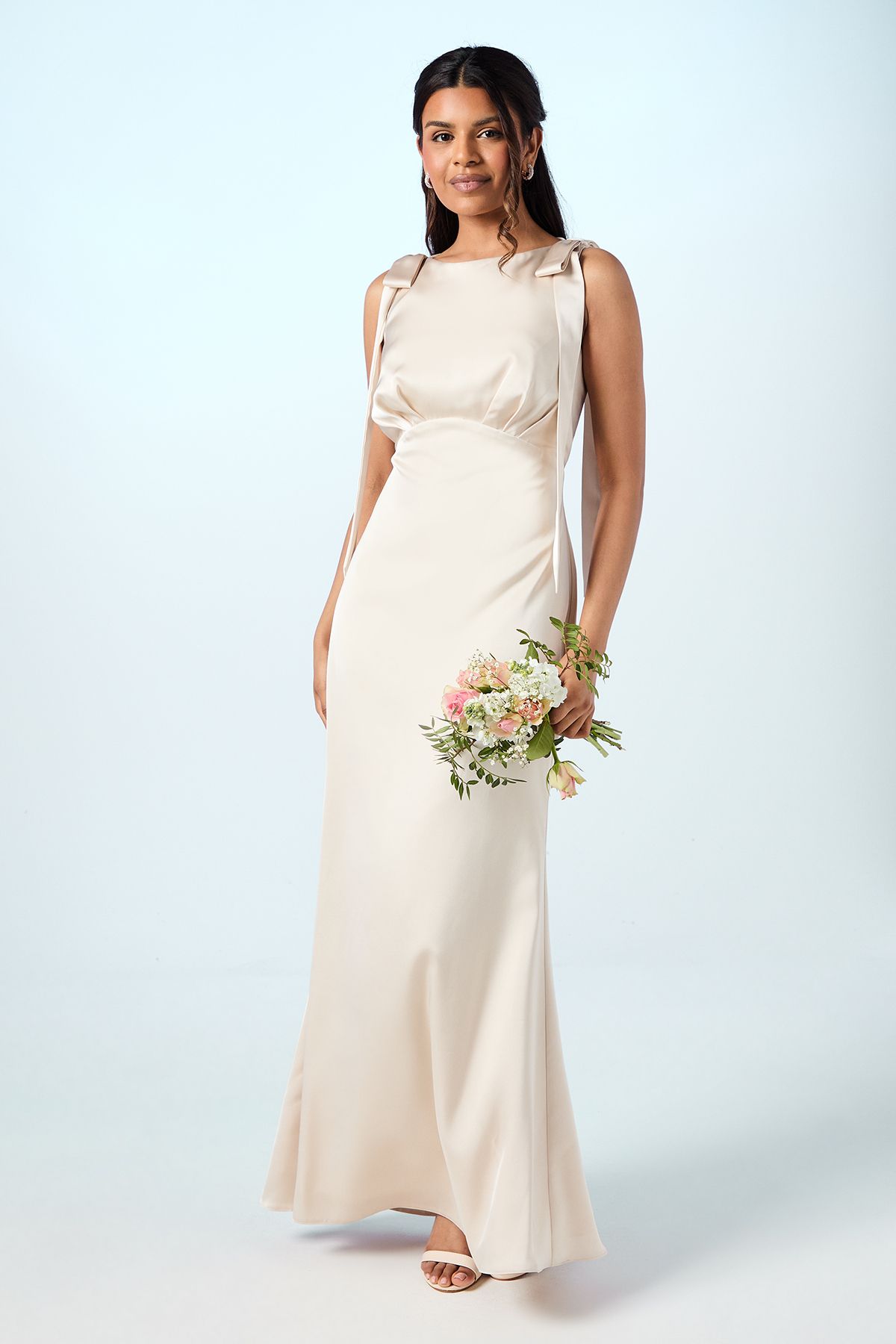 Coast Womens Honoured Petite Sleeveless High Neck Tie Shoulder Satin Maxi Bridesmaid Dress - Champagne - Size 12 UK