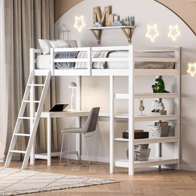 Hochbetten 90x200 cm mit Schreibtisch und 4 Stauraumelementen, Treppe, Absturzsicherung, Image