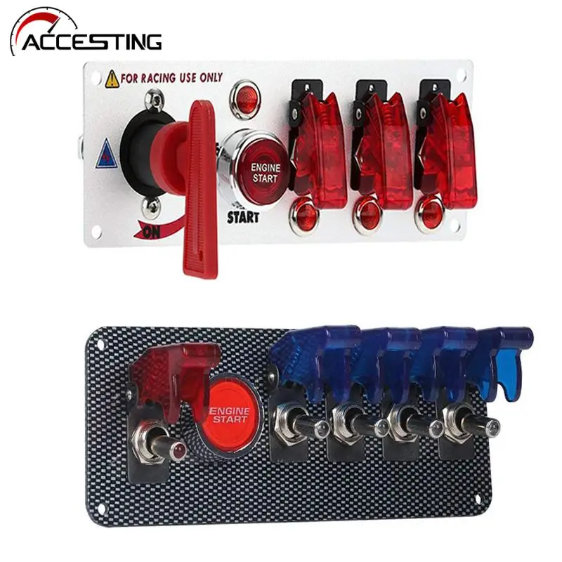 DC12V/20a Auto Rennwagen Zünd schalter Panel 5 LED Kombination Zünd schalter Motors tart Druckknopf Kohle faser Kippschalter Image