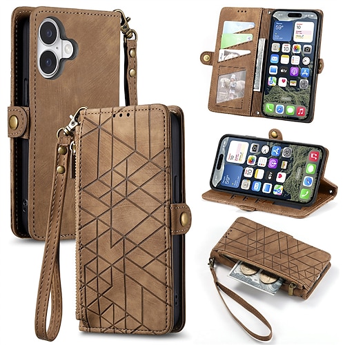 Handy Hülle Handyhüllen Für iPhone 16 15 14 Pro Max Plus 16e 13 12 11 Pro Max Brieftaschenhülle Flip-Cover Mit Handgelenkschlaufe Stoßfest Retro Geometrisches Muster TPU PU-Leder Image