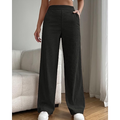 Damen Weites Bein Stoffhosen Hosen Hose Lässig Volle Länge Natürliche Taille Einfach Tasche Elastischer Bund Bequem Außenbereich Ferien Alltagstauglich Wochenende Aprikose Grau Schwarz Rosa Sommer Image
