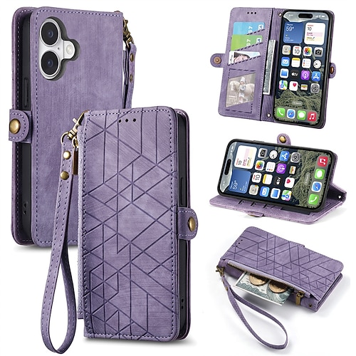 Handy Hülle Handyhüllen Für iPhone 16 15 14 Pro Max Plus 16e 13 12 11 Pro Max Brieftaschenhülle Flip-Cover Mit Handgelenkschlaufe Stoßfest Retro Geometrisches Muster TPU PU-Leder Image