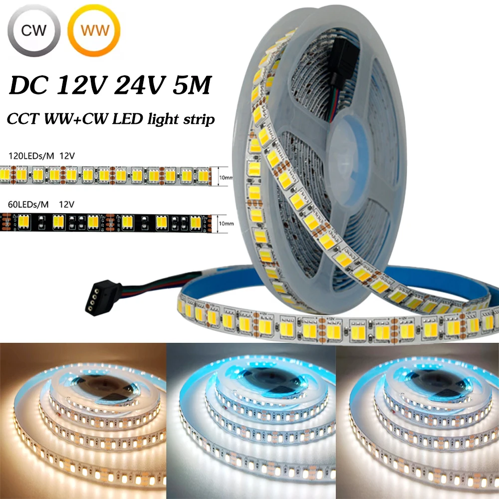 DC12V 24V 2in1 5050 CCT LED-Lichtleiste Farbtemperatur einstellbar 60 120 LEDs/m dreifarbige Schrankbeleuchtung für Schlafzimmer Kleiderschrank