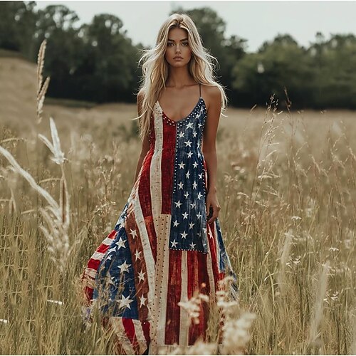 Unabhängigkeitstag patriotisches Shirt Damen Maxikleid Sommerkleid A-Linie Kleid Slipkleid Urlaub lässig Ausgehen Strand reguläre Passform Grafik Sterne und Streifen Nationalflagge ärmellos Image