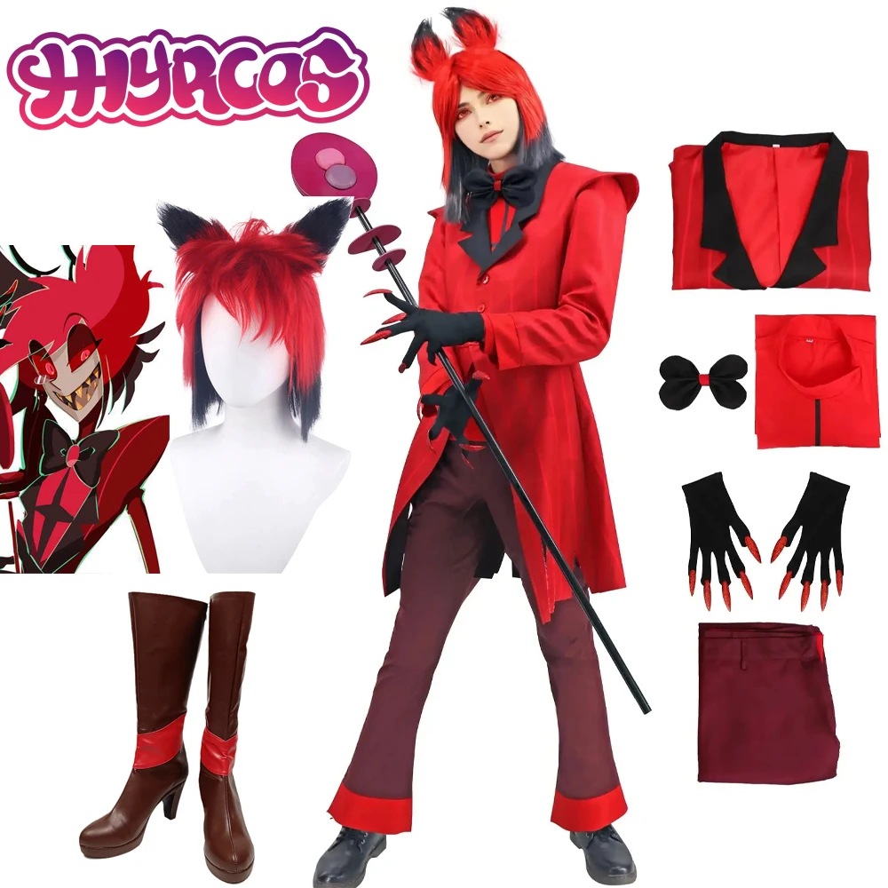 Hotel Ala stor Cos Kostüm Perücken mit roter Jacke Anime Hazbin Cosplay Uniform Schuhe Stiefel Halloween Karneval Geburtstags feier Kleid