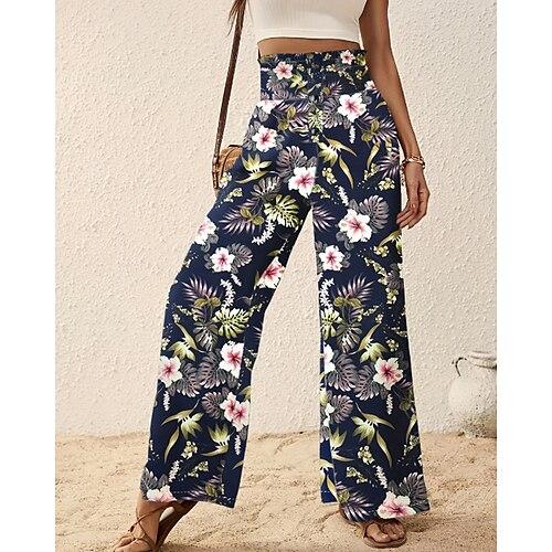 Damen Stoffhosen Hosen Hose Mode Boho Volle Länge Natürliche Taille Blumen Druck Bequem Außenbereich Outdoor Urlaub Alltagstauglich Aprikose Hellhimmelblau Rosa Dunkelmarine Sommer Normale Passform