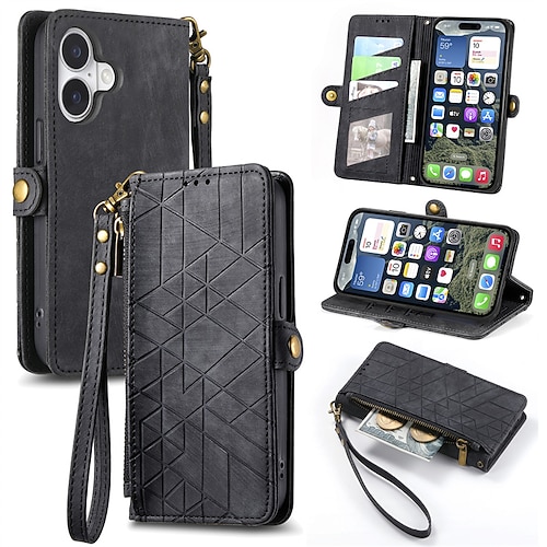 Handy Hülle Handyhüllen Für iPhone 16 15 14 Pro Max Plus 16e 13 12 11 Pro Max Brieftaschenhülle Flip-Cover Mit Handgelenkschlaufe Stoßfest Retro Geometrisches Muster TPU PU-Leder Image