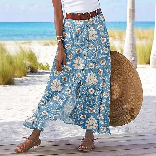 Damen Rock Lässig Boho Maxi Mittlere Hüfthöhe Röcke Blumen Druck Gespleißte Enden Mikroelastisch Urlaub Straße Blau Sommer Polyester