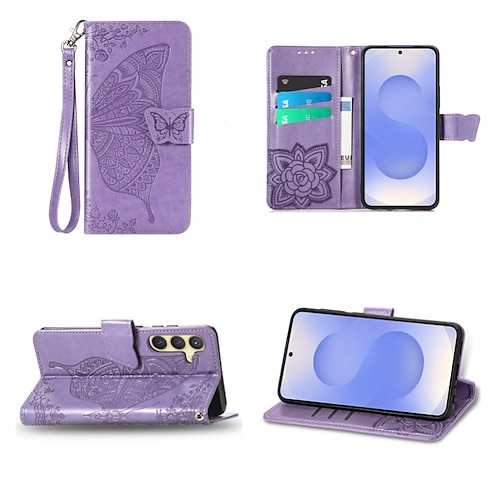 Handy Hülle Handyhüllen Für Samsung Galaxy S25 S24 Ultra Plus S24 FE A16 A55 5G A35 5G A25 A34 A54 Brieftaschenhülle Flip-Cover Geprägt Magnetisch Vollschutz Schmetterling Blumendruck TPU PU-Leder Image