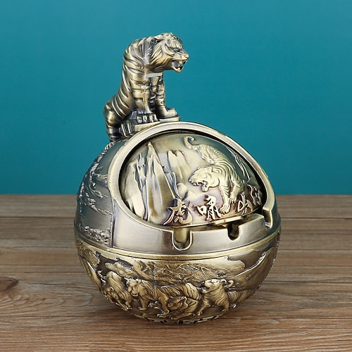 Vintage-Aschenbecher mit Deckel, chinesisches Tierkreiszeichen, 12 Tierzeichen, dekorativer Aschenbecher mit Deckel, winddichtes Schreibtisch-Ornament für das Wohnzimmer im Homeoffice Image