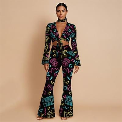 Retro Vintage 1970er Groovy Set mit Schlaghose und Schnürung vorne Hippie Disco Geometrisch Psychedelisch Damen Halloween Karneval Urlaub Musikfestival Festival Erwachsene Oberteil Hose Stirnband Image