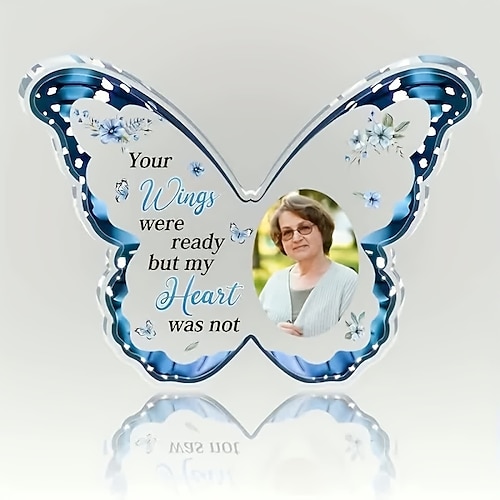 personalisierte Schmetterlings-Gedenktafel, individuelles Foto-Acryl-Beileidsgeschenk für den Verlust eines geliebten Menschen, Tischdekoration für Valentinstag, Weihnachten, Thanksgiving, Abschluss Image