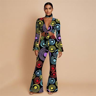 Retro Vintage 1970er Groovy Set mit Schlaghose und Schnürung vorne Hippie Disco Geometrisch Psychedelisch Damen Halloween Karneval Urlaub Musikfestival Festival Erwachsene Oberteil Hose Stirnband Image