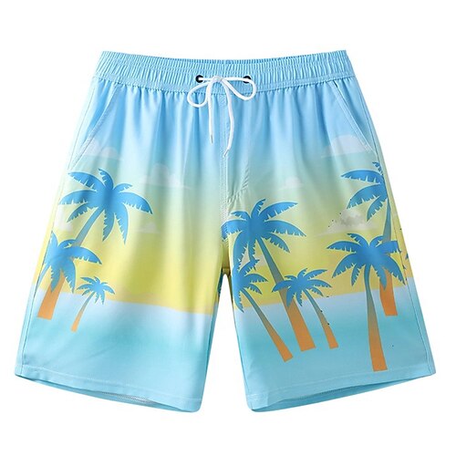 Herren Shorts Strandshorts Kordelzug Tasche Elastischer Bund Grafik Blatt Baum Schnelltrocknend Außenbereich Knielang Outdoor Urlaub Heim Urlaub Ethno-Stil Meerblau Dunkelblau / Rot Mikroelastisch Image