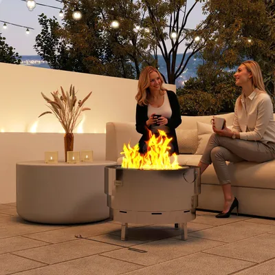 Outsunny Outdoor Round Fire Pit with Grill Net, Portable Wood Burning Firepit with Poker and Foldable Legs