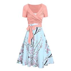 Damen Casual A-Linie Fit und Flare Maxikleid mit Schnürung und Print Rundhalsausschnitt Kurzarm für den täglichen Gebrauch im Freien im Sommer