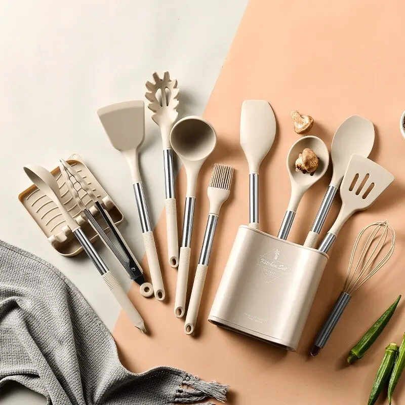 Ensemble d'ustensiles de cuisine en Silicone, 13 pièces, poignée en acier inoxydable, outils de cuisine, accessoires d'ustensiles de cuisine, seau de rangement