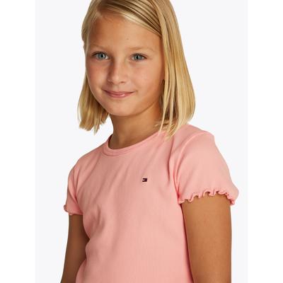 T-Shirt TOMMY HILFIGER "ESSENTIAL RIB TOP SS", Mädchen, Gr. 5 (110), coral ice, Rippware, Obermaterial: 95% Baumwolle, 5% Elasthan, unifarben, normal, Rundhals, Kurzarm Rollkante, Shirts, mit Babylock-Kanten, mit Logostickerei Image