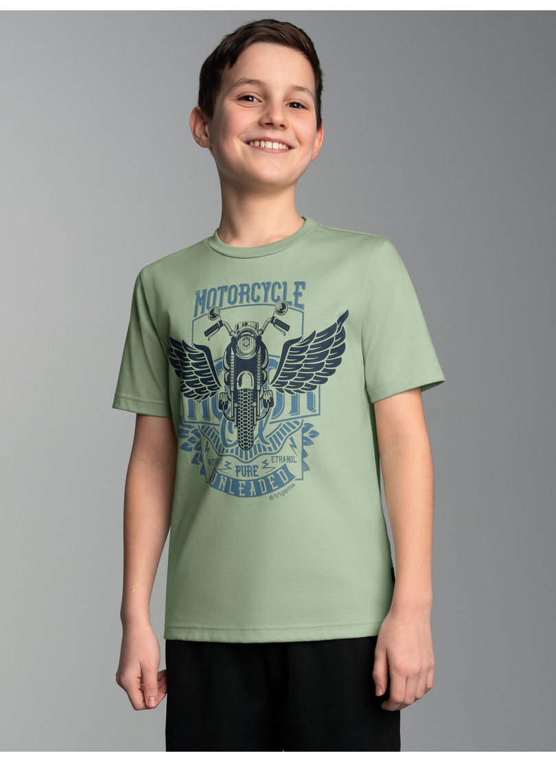 T-Shirt TRIGEMA "TRIGEMA T-Shirt mit großem Motorrad-Printmotiv", Jungen, Gr. 116, grün (grün tea), 100% Baumwolle, Basic, Shirts T-Shirt