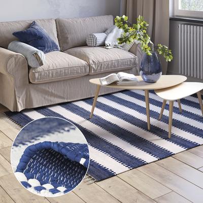 Teppich "Karim", blau (blau, weiß), B:80cm H:10mm L:150cm, Baumwolle, Polyester, MYFLAIR MÖBEL & ACCESSOIRES, Teppiche, Fransenteppich, Handweb Teppich, gestreift, 90% Baumwolle, handgewebt, mit Fransen Image