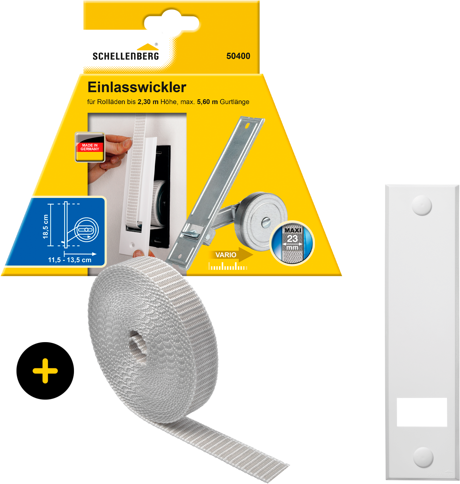 Einlass-Gurtwickler SCHELLENBERG "Unterputz, inkl. Abdeckplatte weiß und Rollladengurt in grau oder weiß", grau, 1 Stk., Gurtwickler, 18,5 cm Lochabstand für das Rollladensystem Maxi