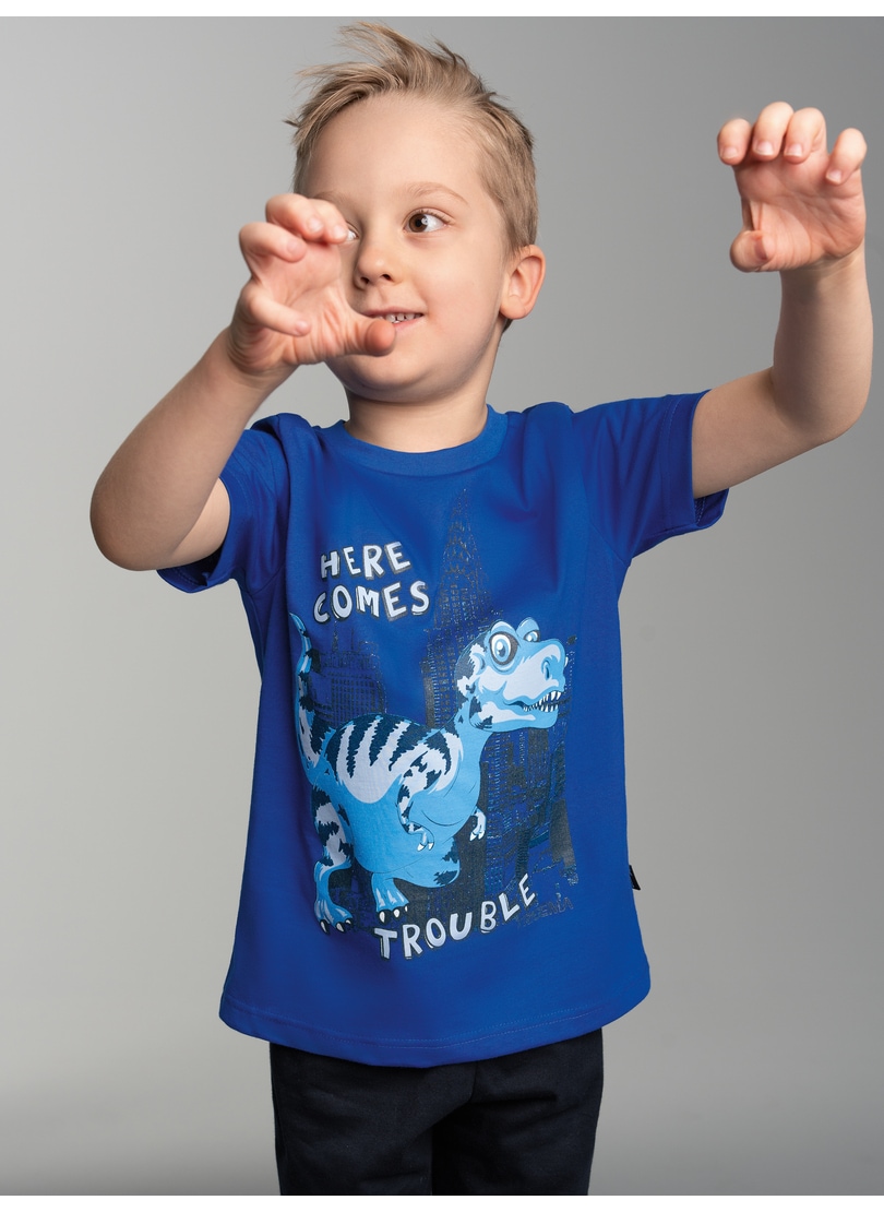 T-Shirt TRIGEMA "TRIGEMA T-Shirt mit großem Dino-Printmotiv", Kinder, Gr. 116, blau (royal), 100% Baumwolle, Shirts Image
