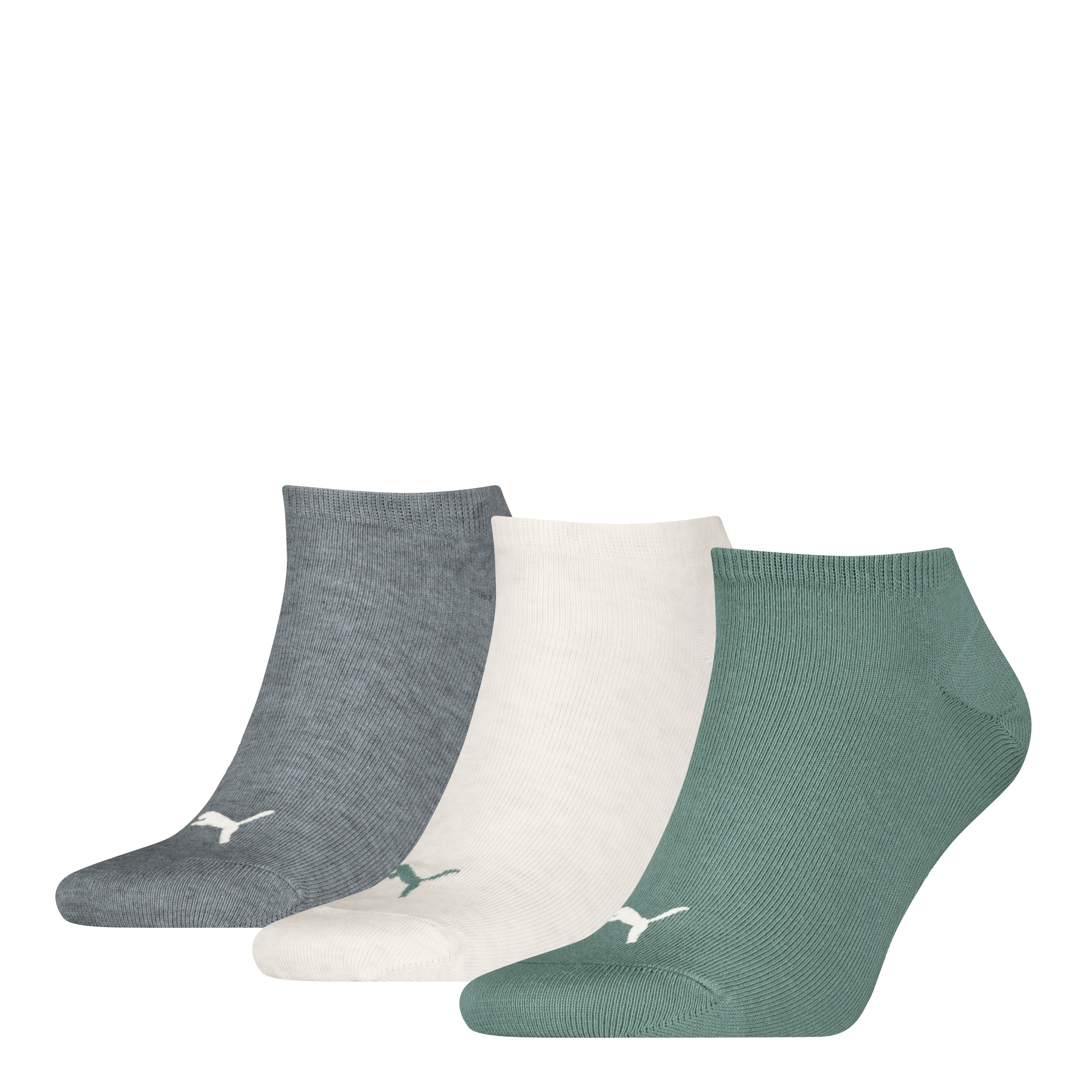 Sneakersocken PUMA "PUMA UNISEX SNEAKER PLAIN 3P", Damen, Gr. 43-46, grün, grau, Baumwollmischung, meliert, unifarben, Socken Sneakersocken, mit kleinem Logo