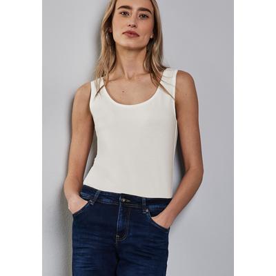 Tanktop STREET ONE "Style ANNI", Damen, Gr. 46, weiß (sanftes weiß), Jersey, Obermaterial: 48% Baumwolle, 48% Modal, 4% Elasthan, unifarben, casual, regular fit taillenbedeckt, Rundhals, ohne Ärmel, Tops Image