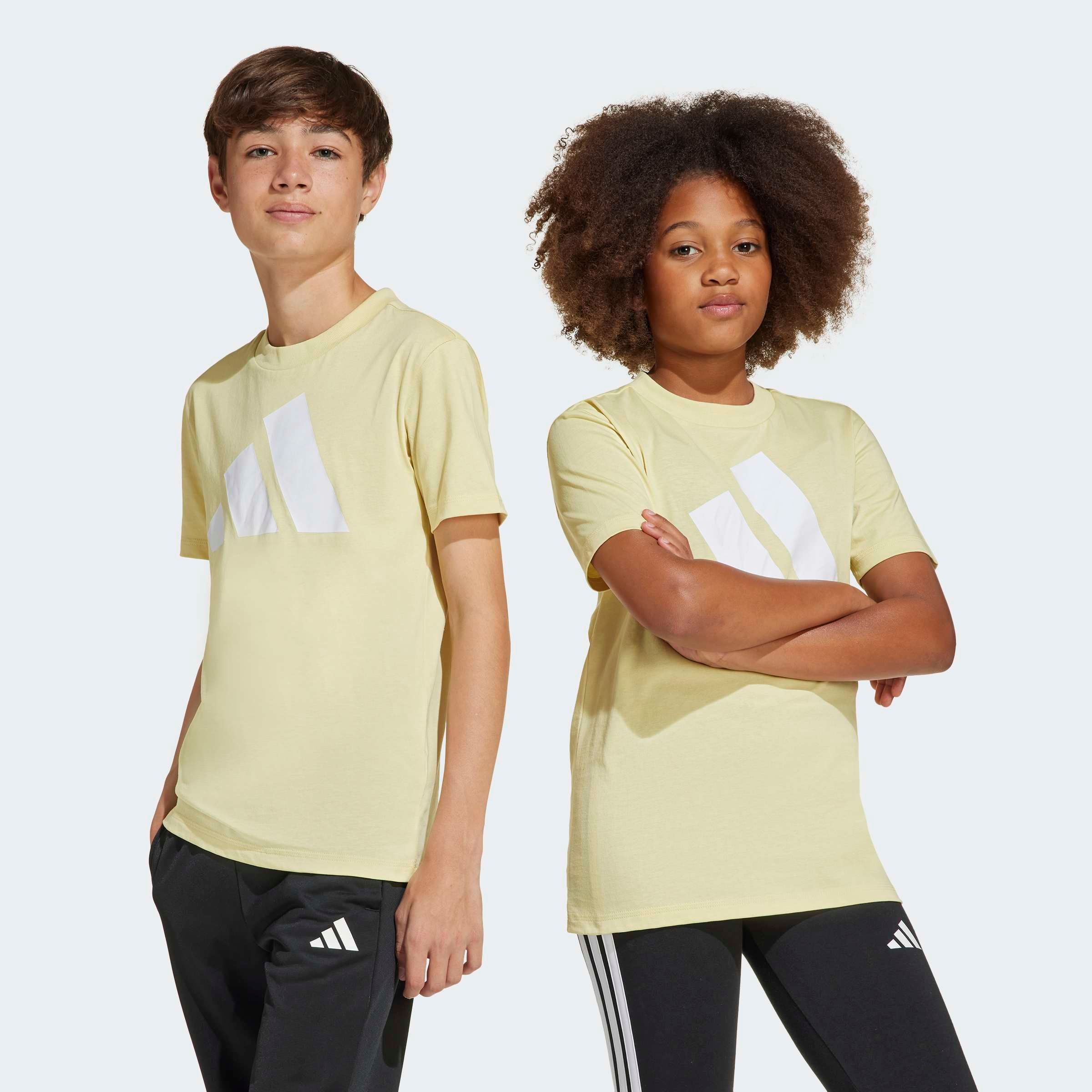 T-Shirt ADIDAS SPORTSWEAR "J BL TEE 160", Jungen, Gr. 176, gelb (powder gelb, weiß), Obermaterial: 100% Baumwolle, normal, Rundhals, Shirts T-Shirt, für Kinder und Teens, mit Rundhalsausschnitt, aus 100 % Baumwolle