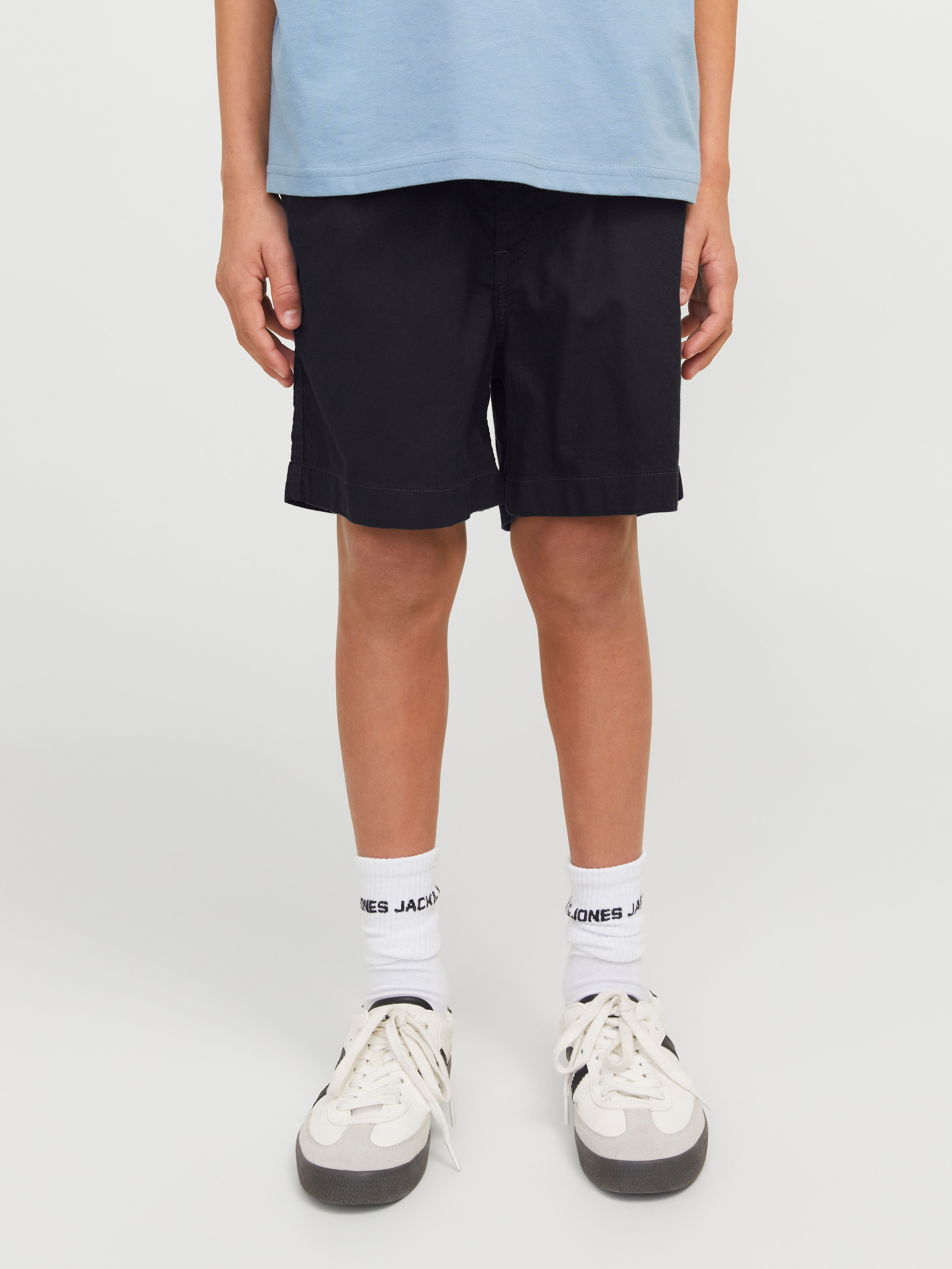 Jogg-Bermudas JACK & JONES JUNIOR "JPSTJAIDEN JJCAMPAIGN HYBRID BONDI JNR", Jungen, Gr. 170, N-Gr, schwarz, Web, Obermaterial: 80% Baumwolle, 20% Leinen, unifarben, Hosen